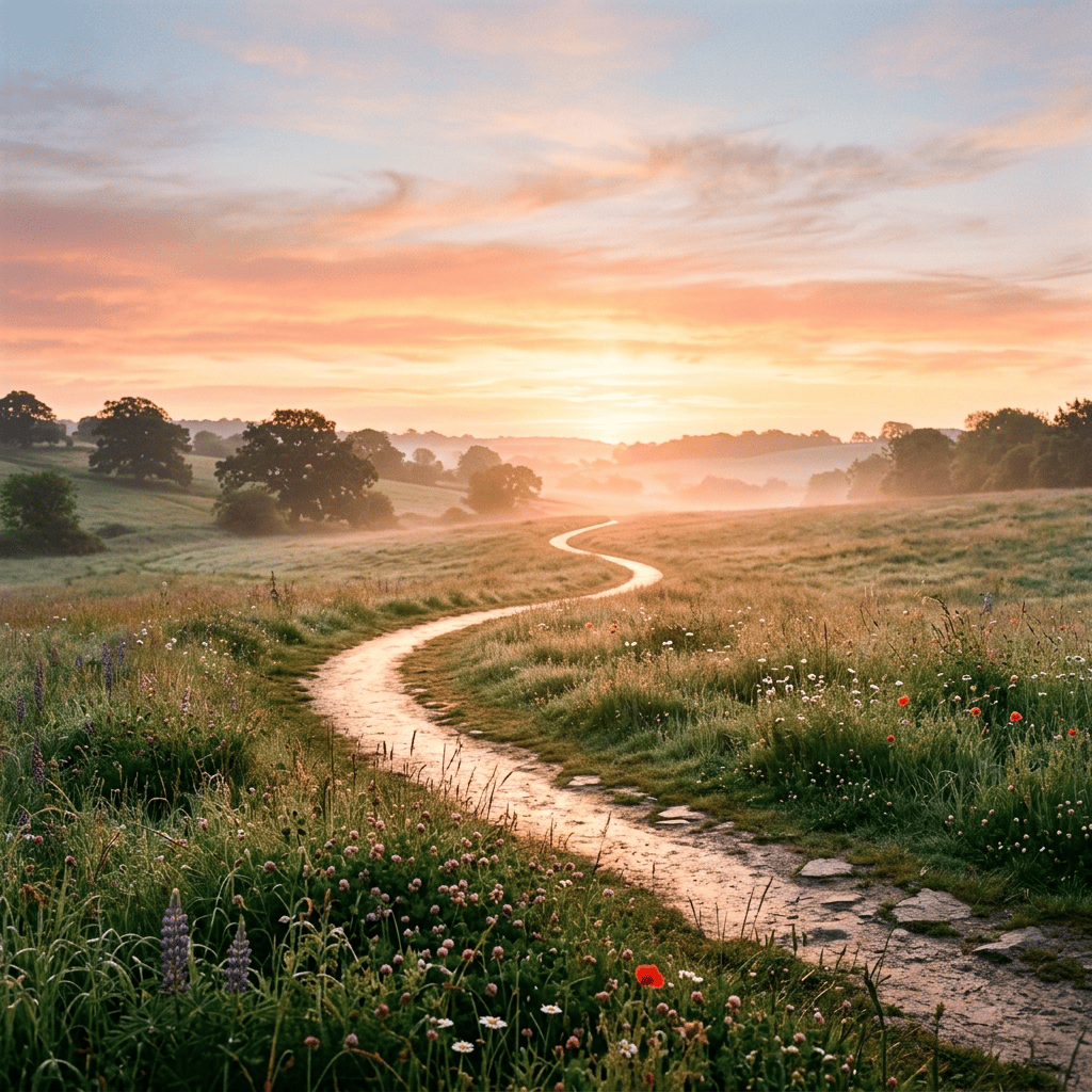 Winding path through a wildflower meadow at sunrise
