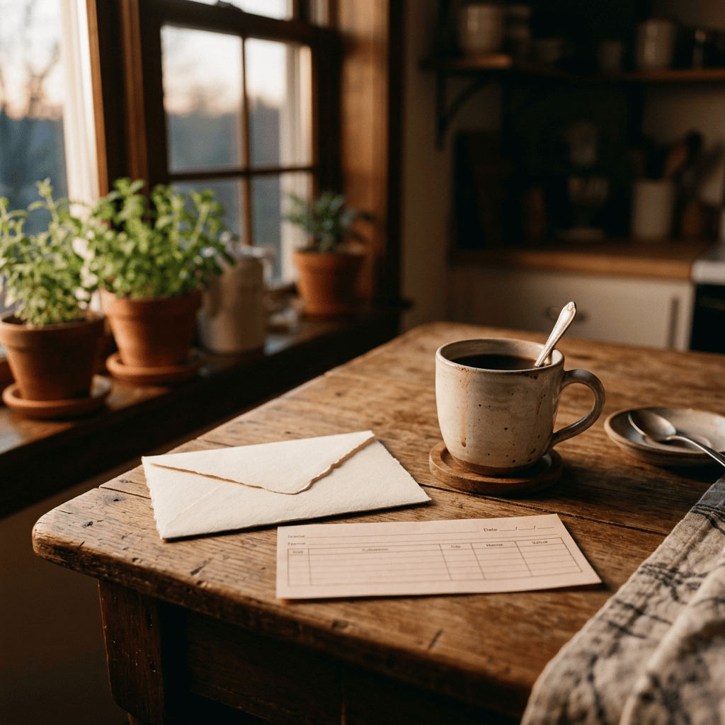 Coffee cup, envelope, stationery, and plants on a sunlit wooden table