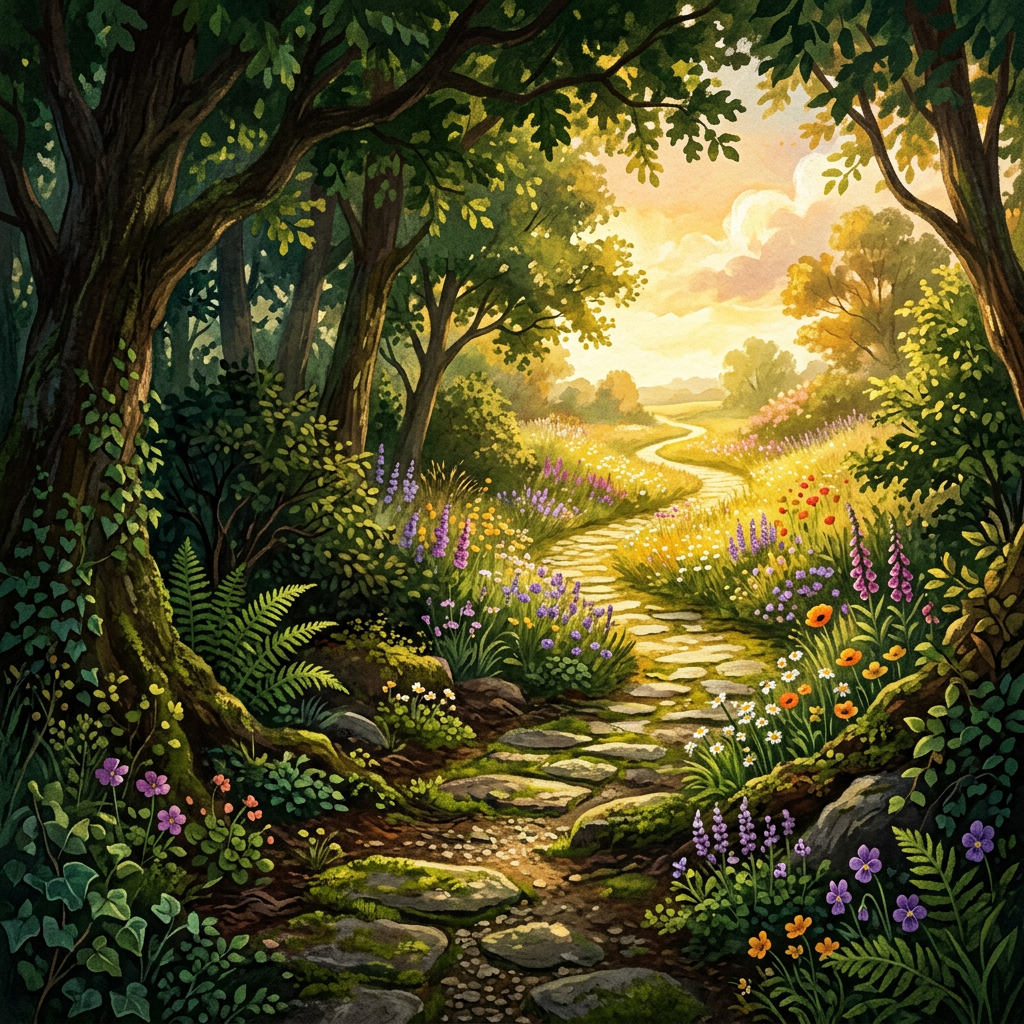 A flower-lined stone path winding through a sunlit woodland