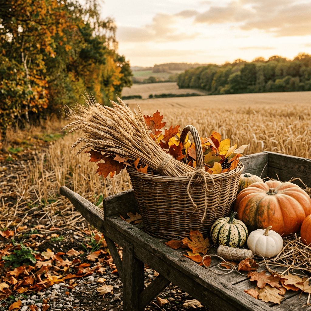 Basket of wheat, pumpkins, and autumn leaves beside a golden field