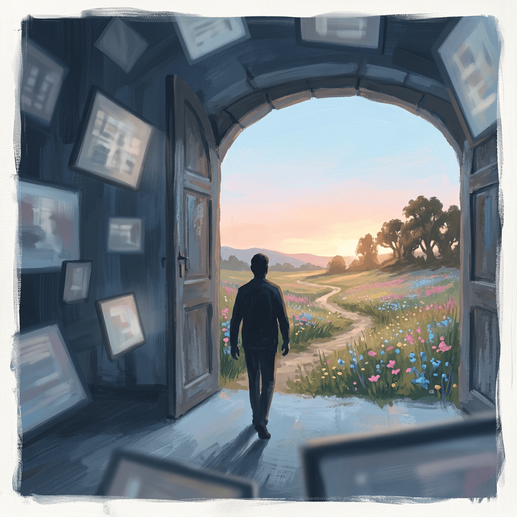 Silhouetted person walking through gallery doors into a flower-filled meadow