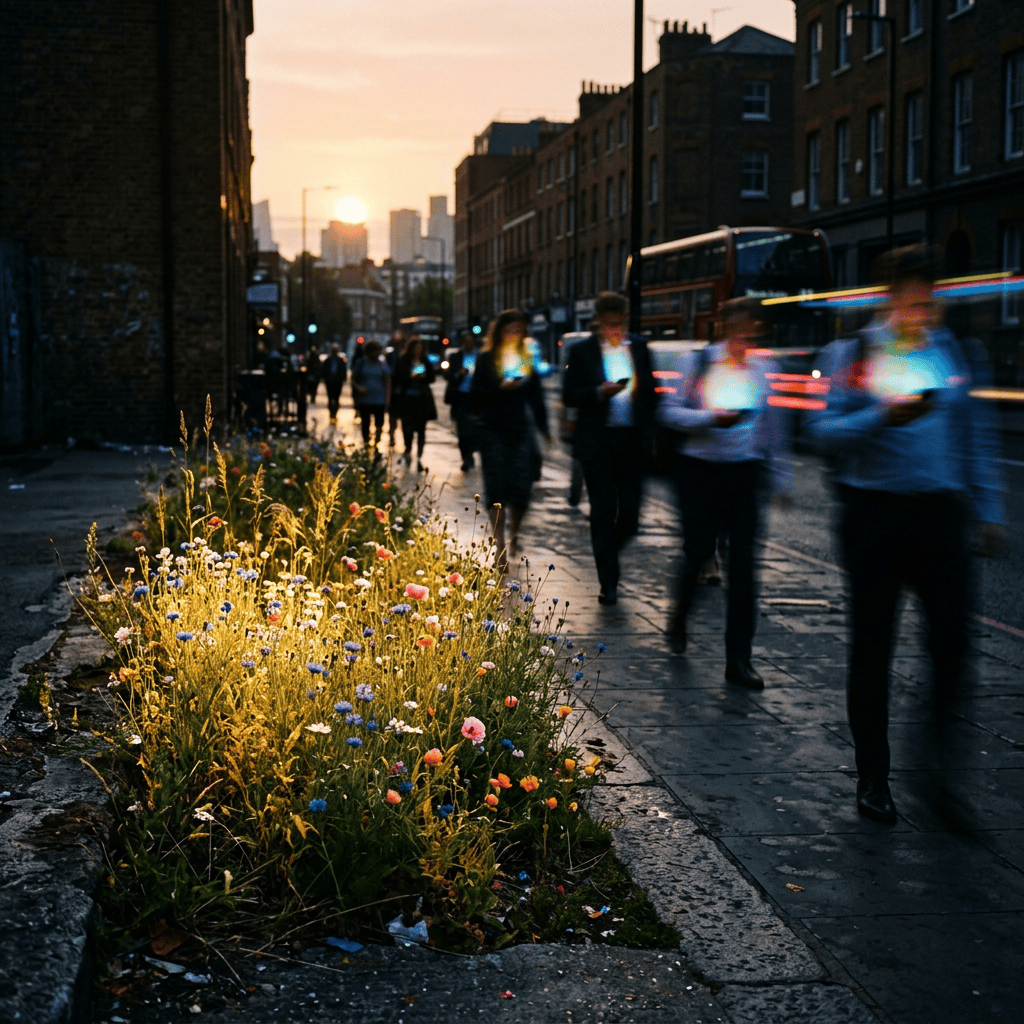 Wildflowers beside a city sidewalk as commuters walk past a bus at sunset
