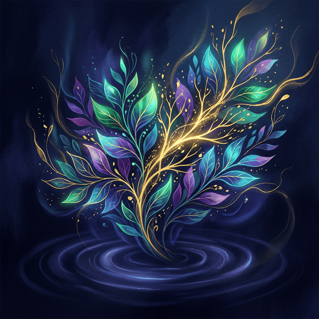 Colorful leafy branches with golden stems rising from glowing blue water
