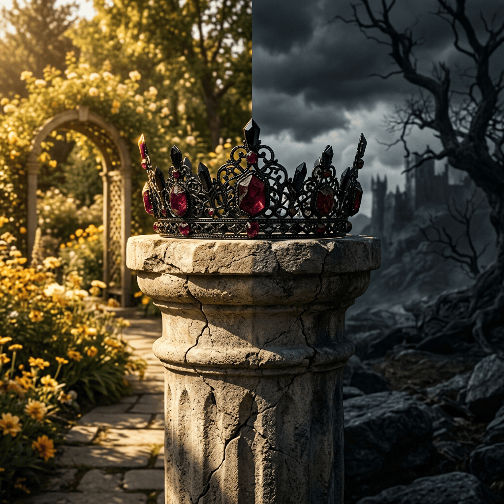 Jeweled crown on a cracked stone pedestal between a garden and dark wasteland