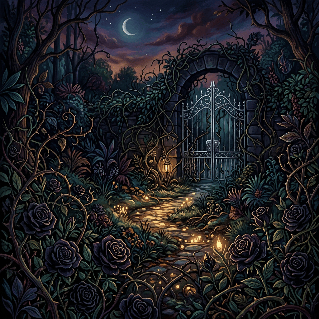 Enchanted twilight garden with black roses