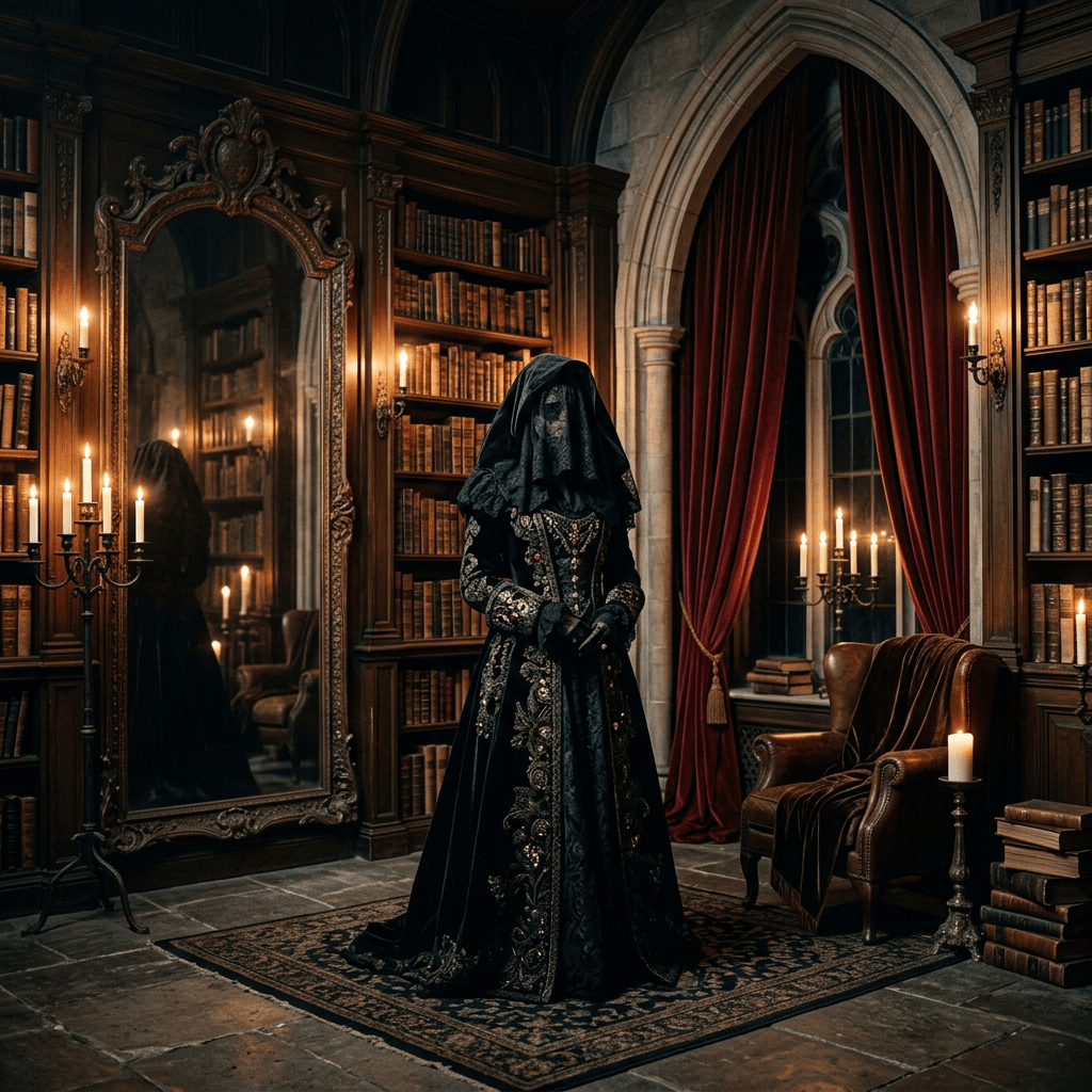 Face-obscured figure in gothic candlelit library