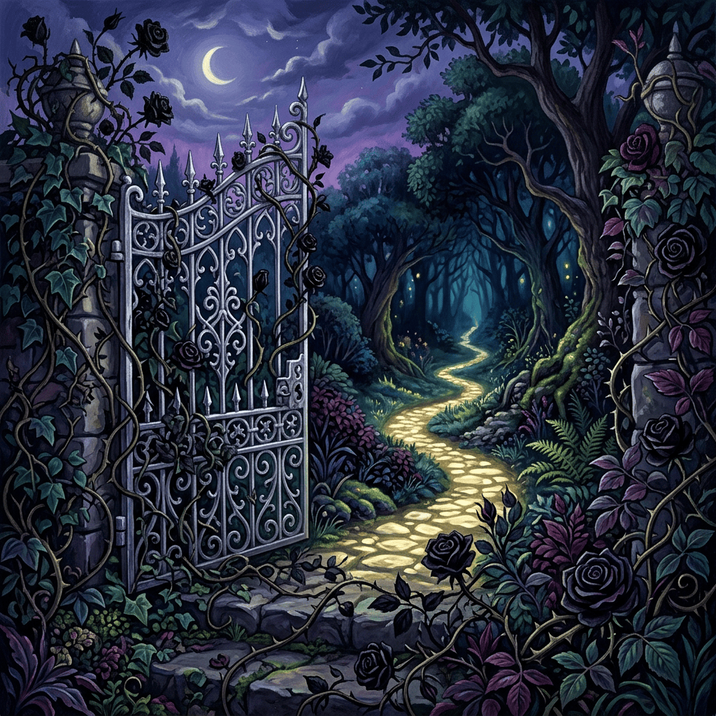 Enchanted twilight garden with black roses