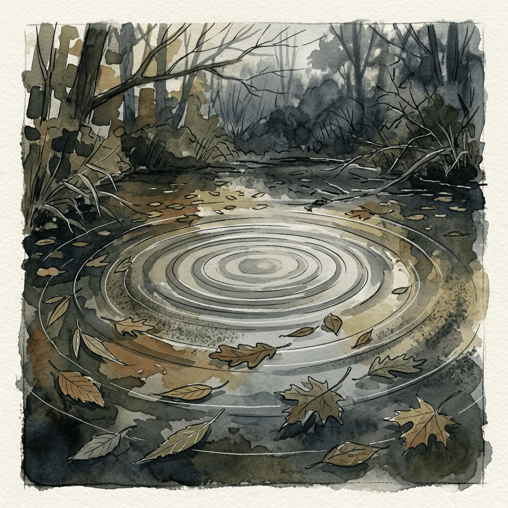 Concentric ripples in a forest pool surrounded by fallen autumn leaves