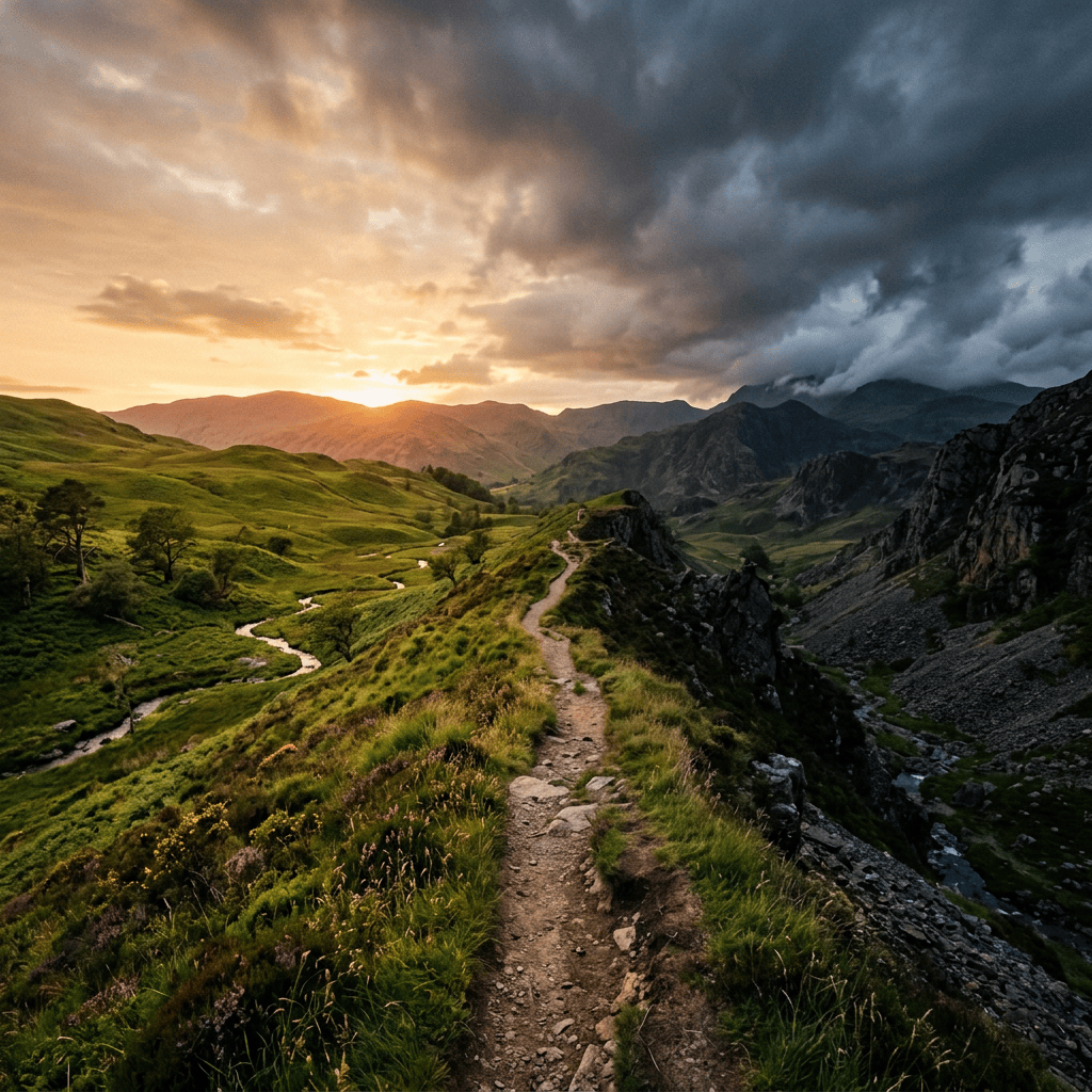 Winding trail through green mountains beneath a dramatic sunset sky