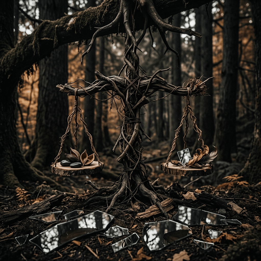 Rustic branch balance scale holding natural objects and a mirror in a forest