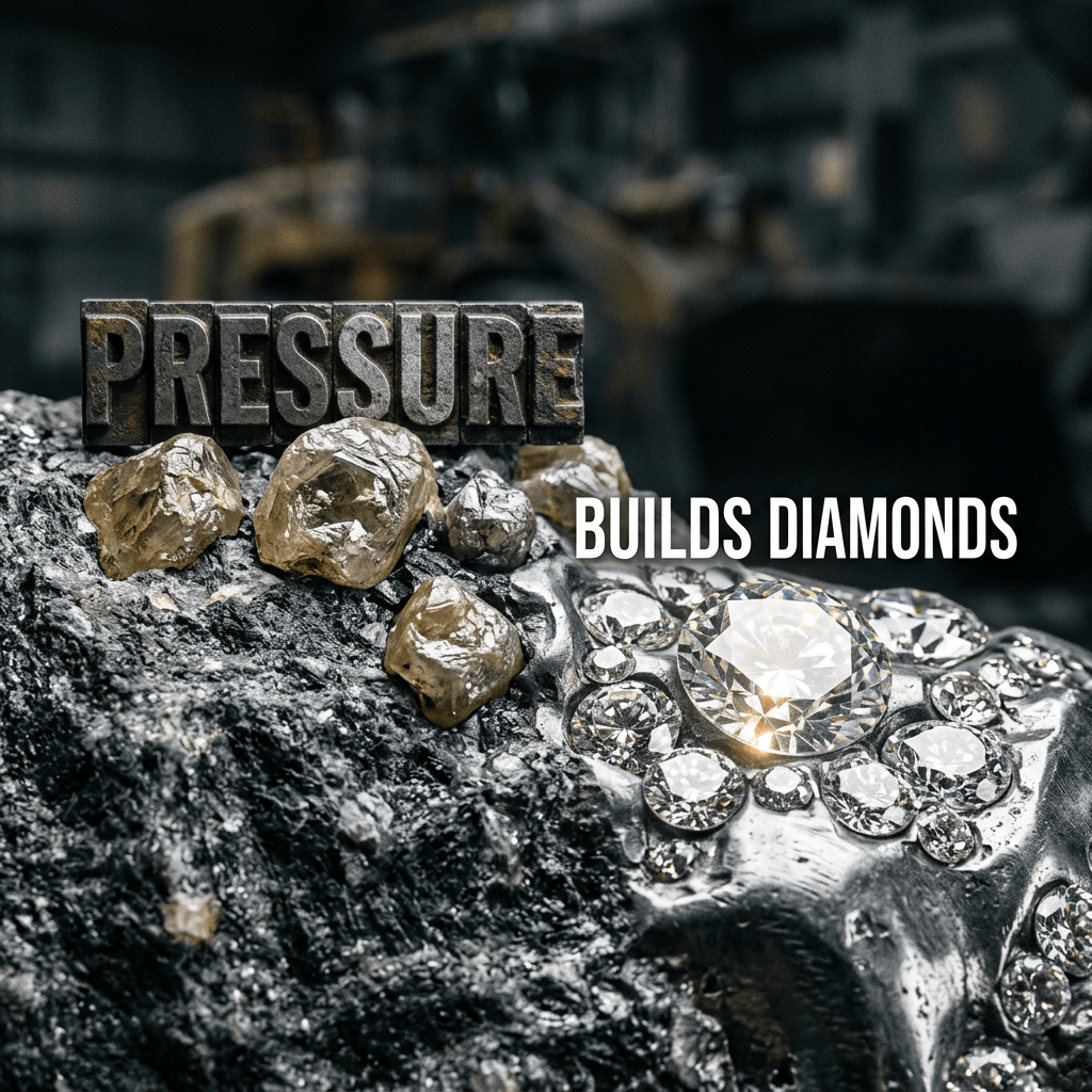 Text reading PRESSURE and BUILDS DIAMONDS above rough stones and polished diamonds