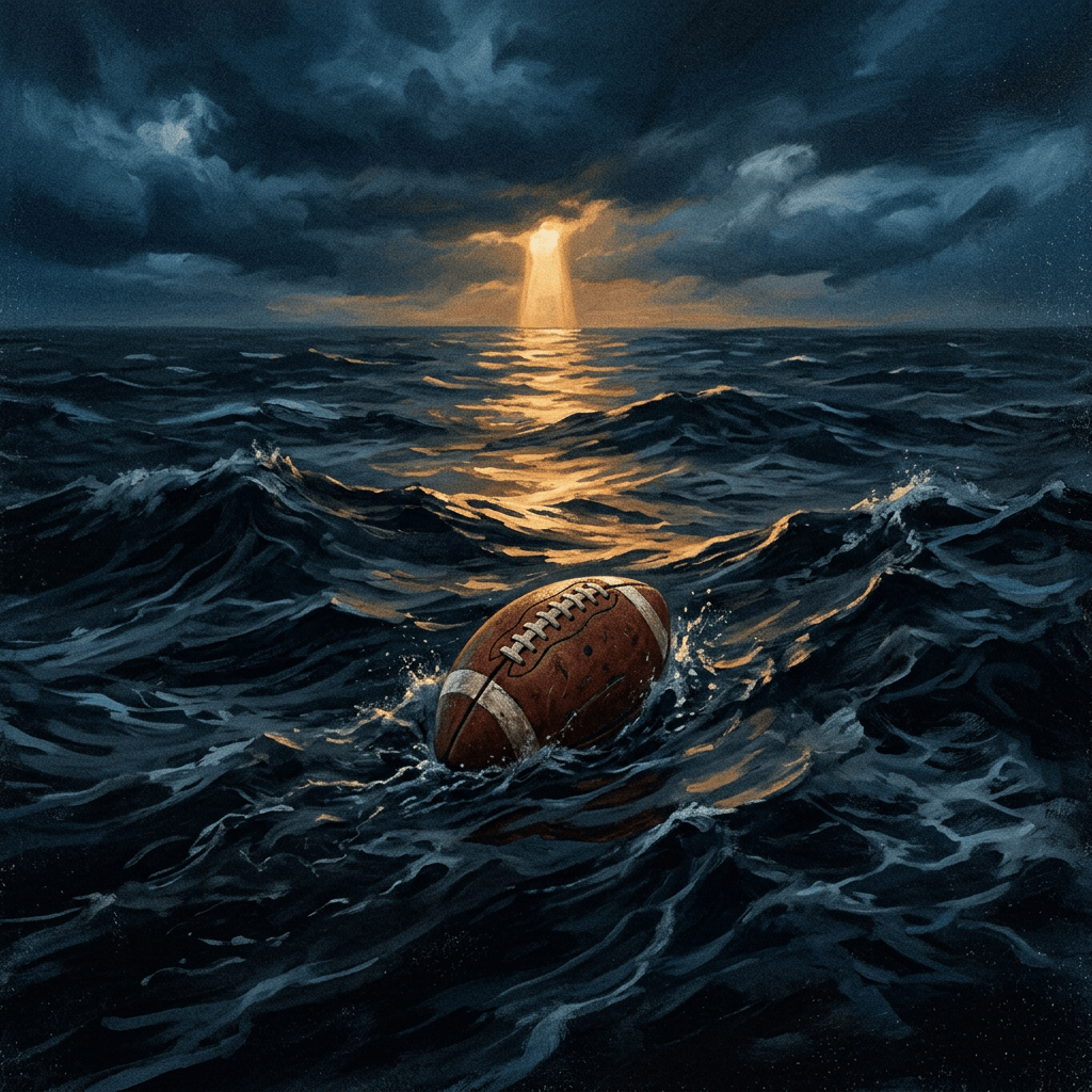 Football floating in stormy ocean waves beneath a glowing horizon