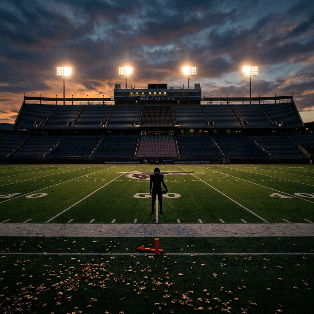 Person standing at 50-yard line in stadium marked “HOME OF THE PHOENIX”