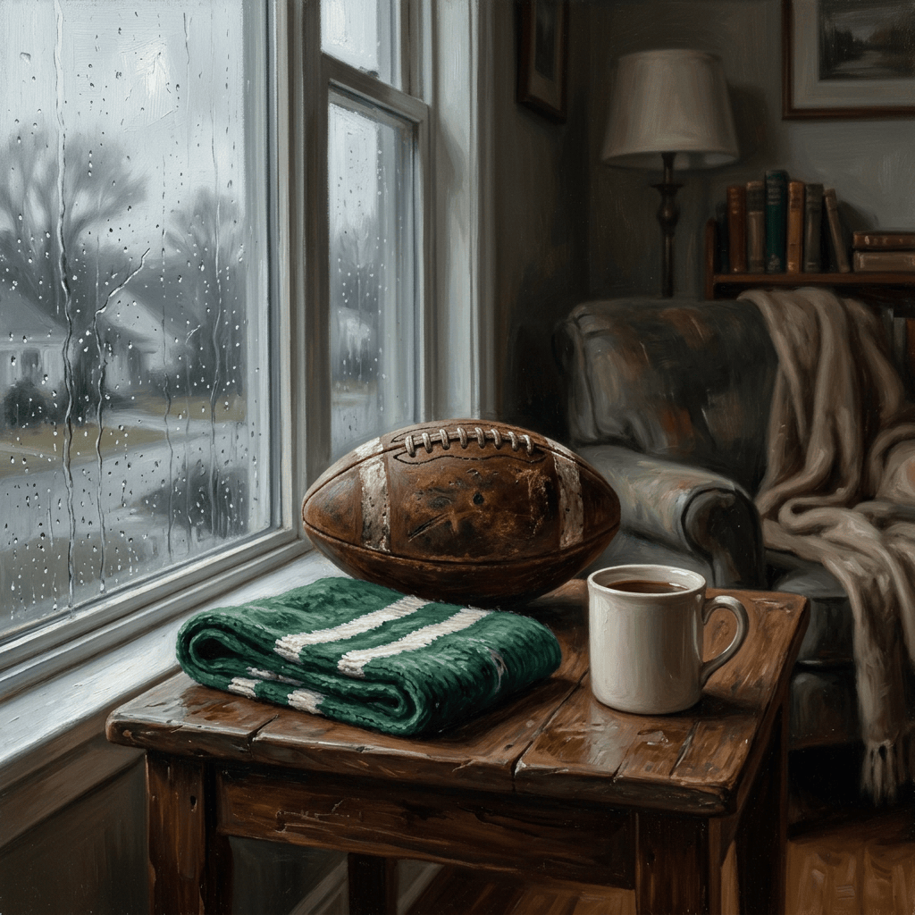 Football, coffee mug, and folded green blanket on a wooden table beside rainy window