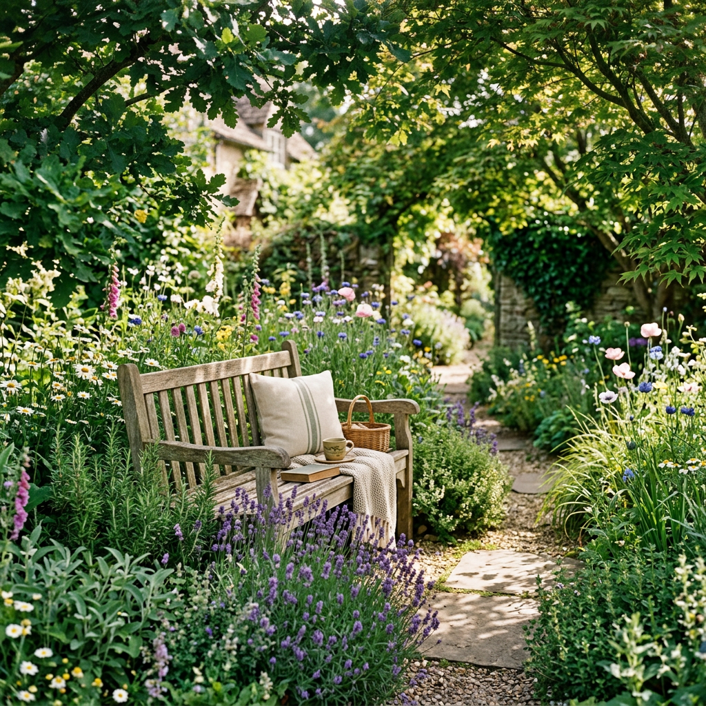 Wooden garden bench with tea beside a flower-lined path
