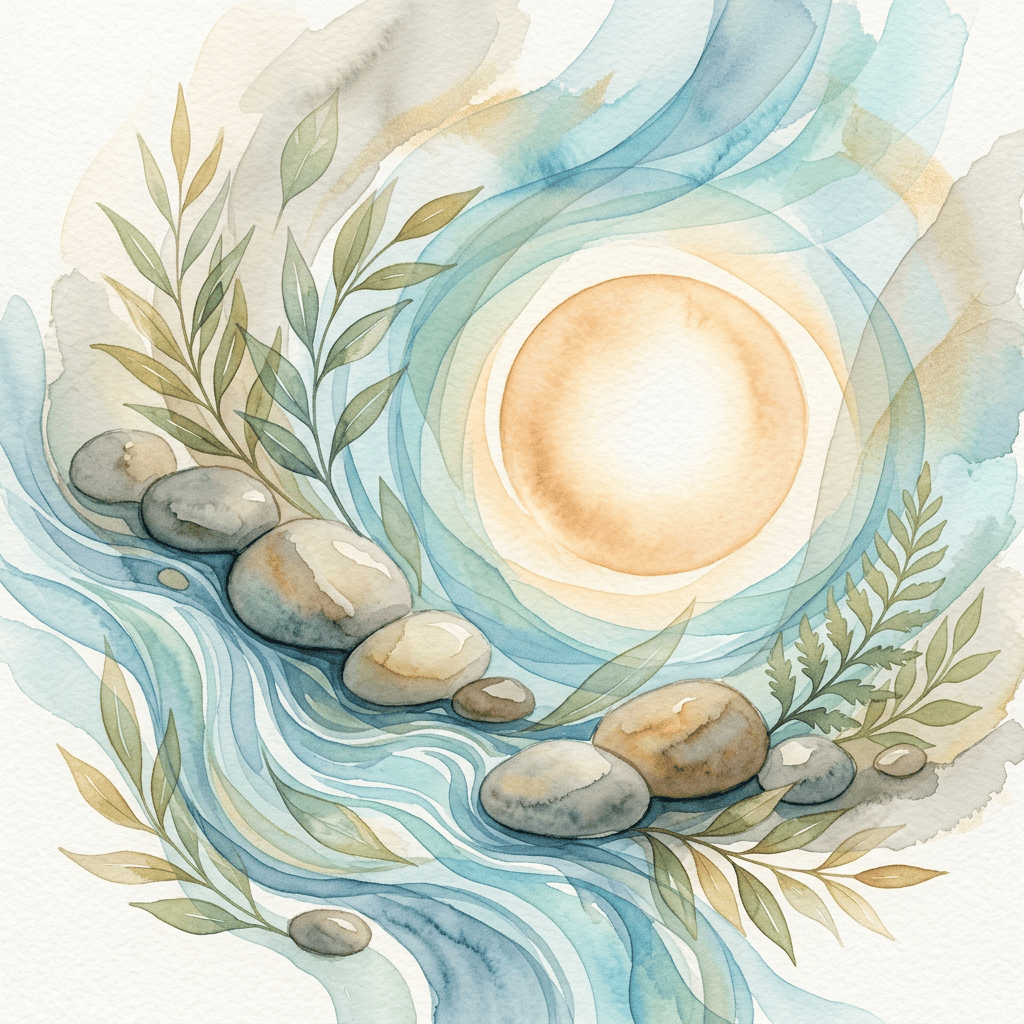Watercolor scene of river stones, leafy plants, flowing blue water, and a glowing sun