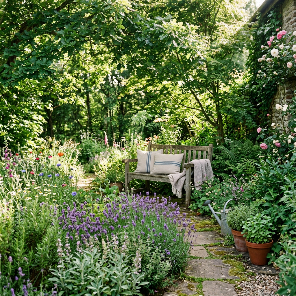 Wooden bench with cushions in a lush flower-filled garden