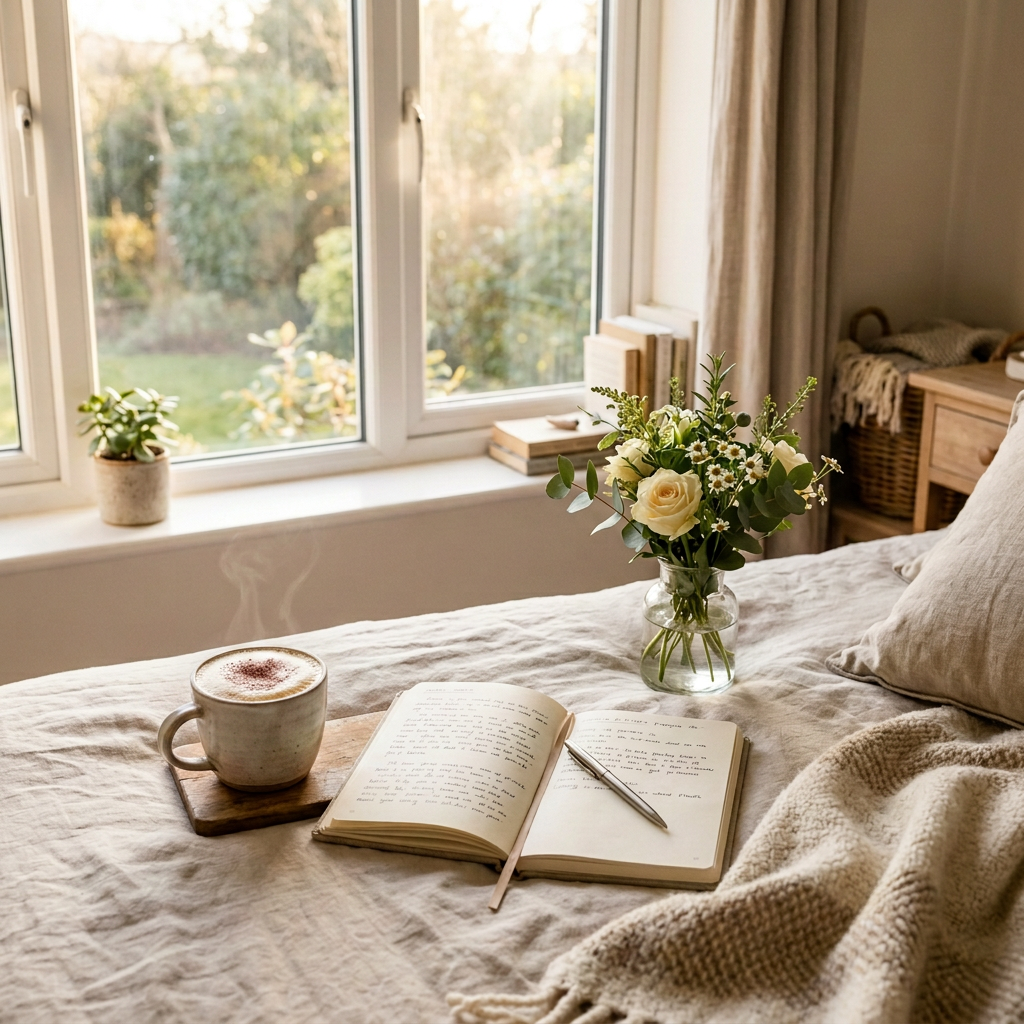 Peaceful morning reading nook retreat Open journal, tea, and flowers arranged on a bed by sunny windows