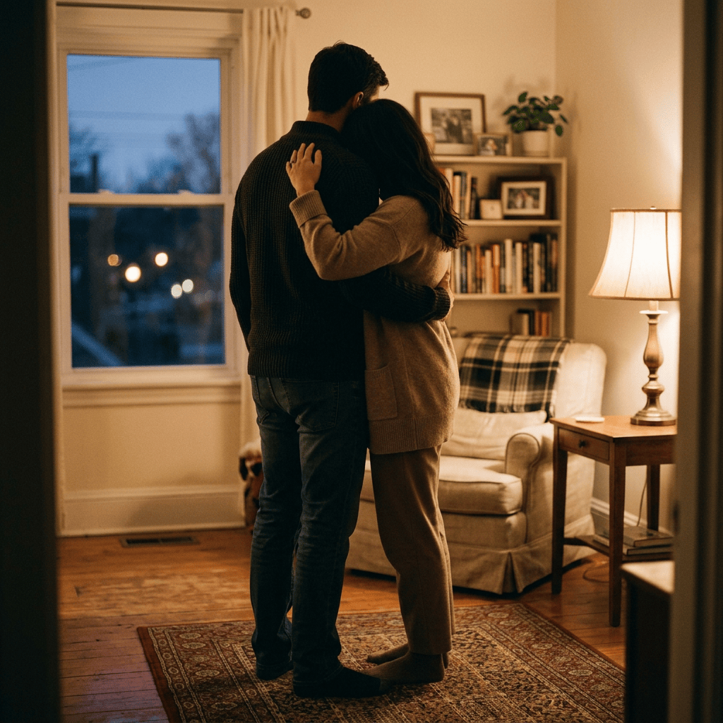 Two people embracing in a warmly lit home