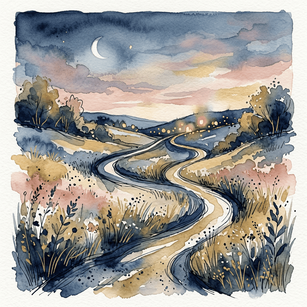 Two winding paths converging beneath a twilight sky