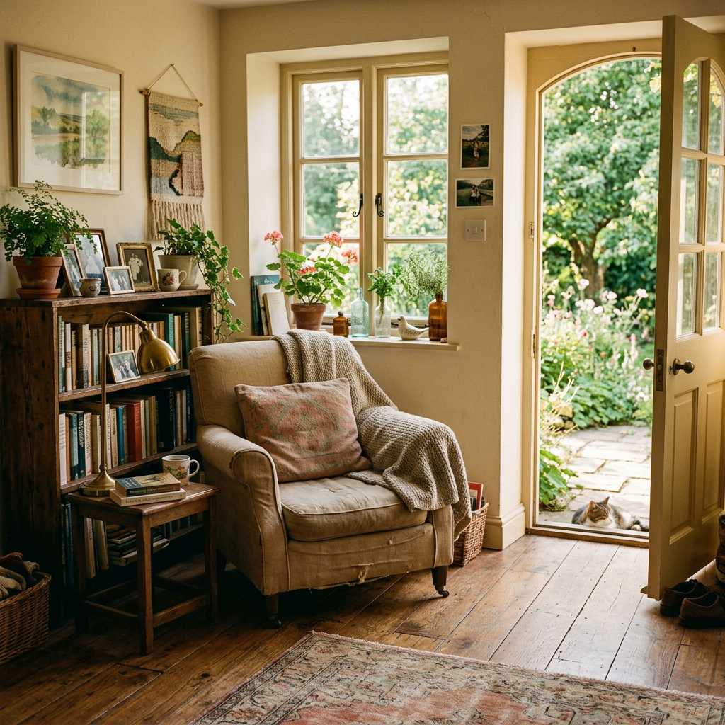 Sunlit lived-in room with an open doorway