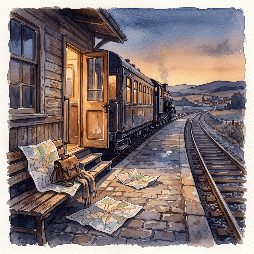 Vintage train platform at twilight with maps