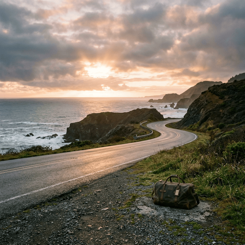 Empty coastal road at dawn with overnight bag