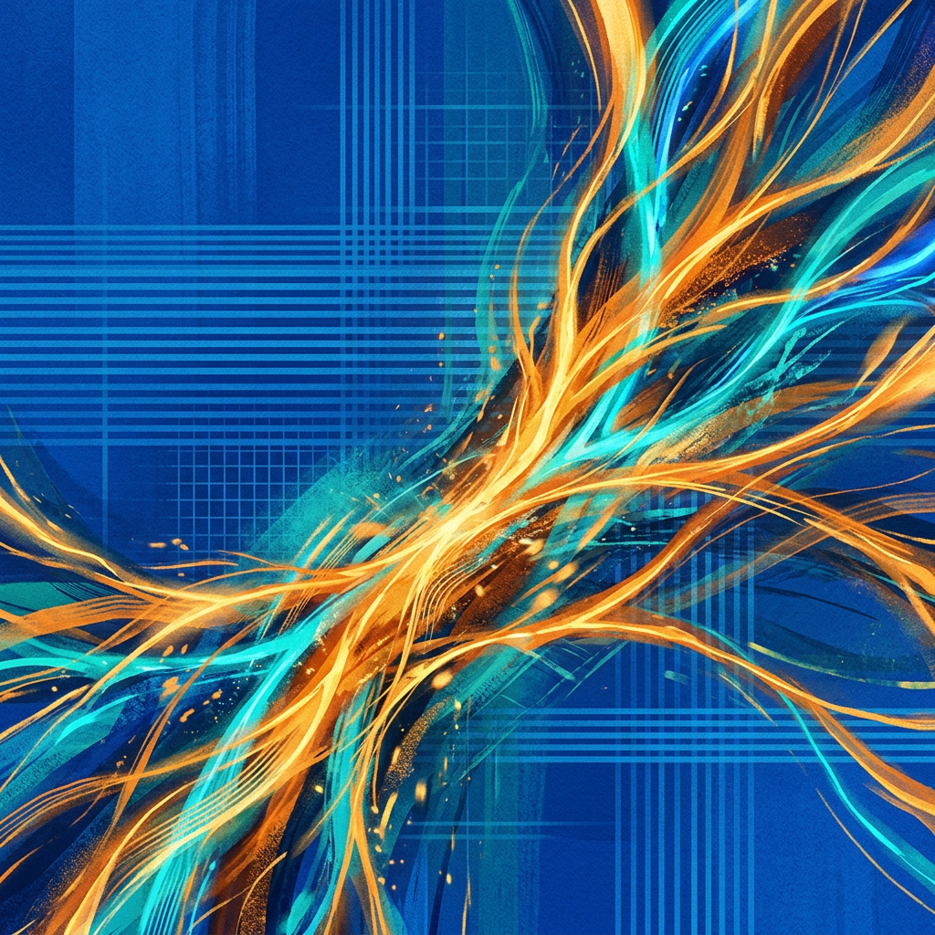 Branching amber and turquoise light ribbons