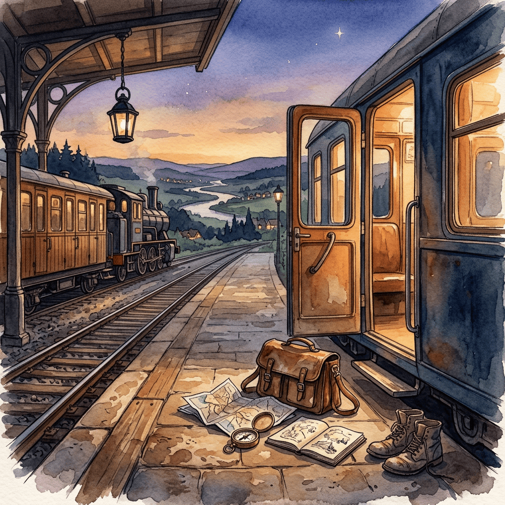 Vintage train platform at twilight with maps