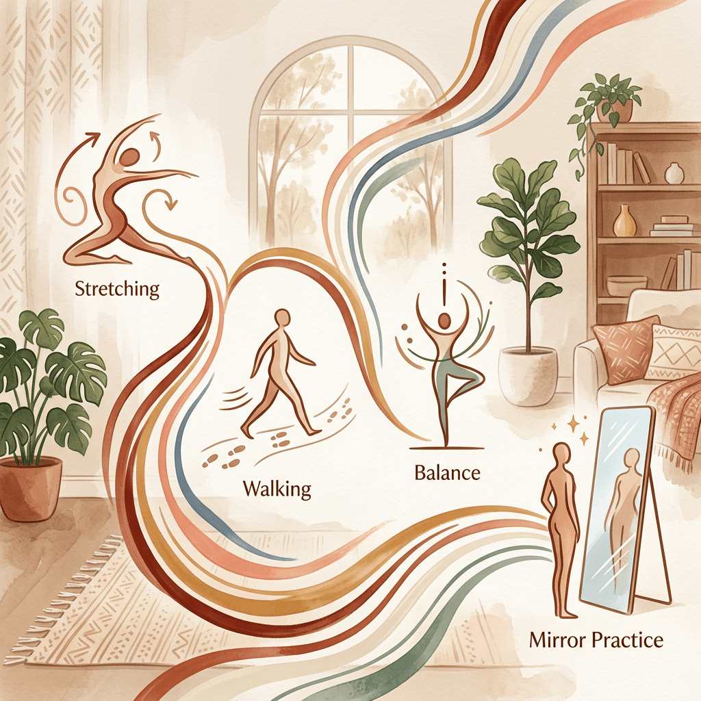 Illustration labeled Stretching, Walking, Balance, and Mirror Practice