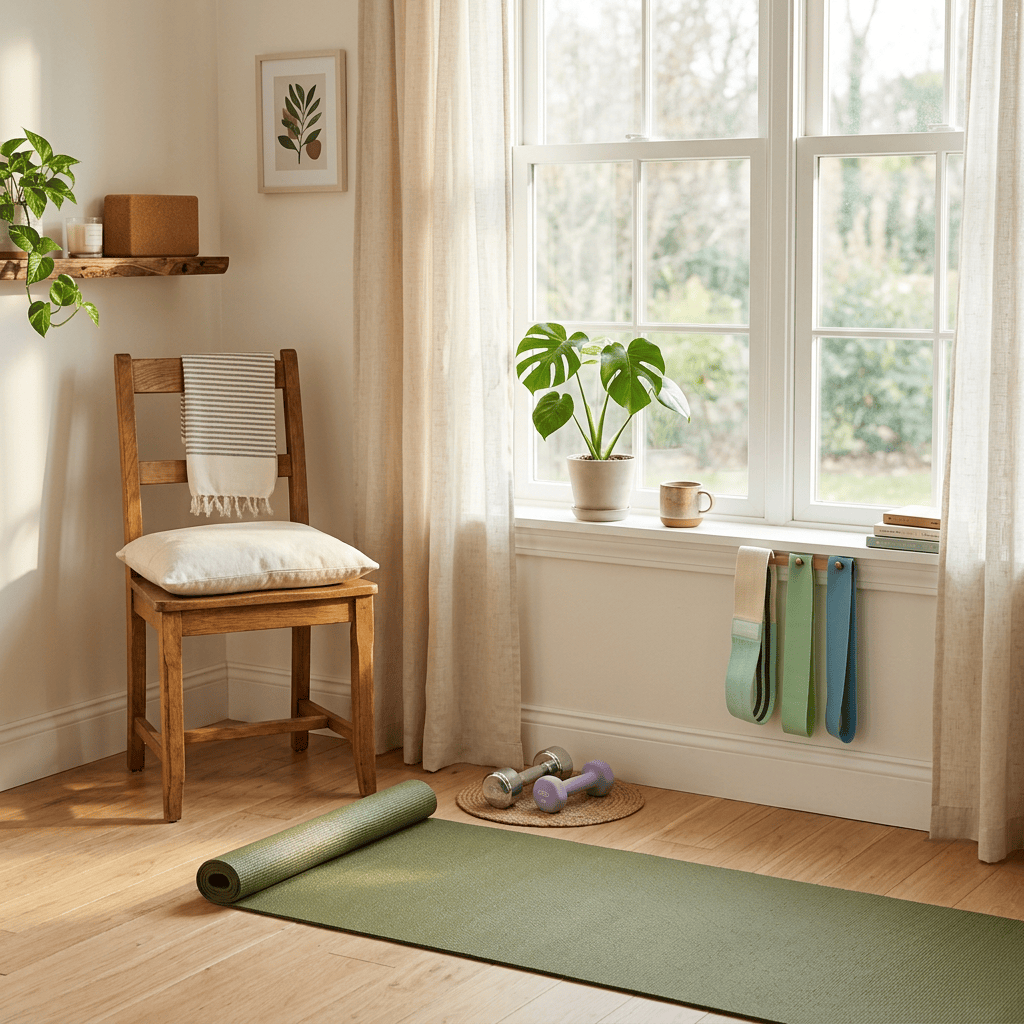 Sunlit room with yoga mat, dumbbells, resistance bands, and houseplants