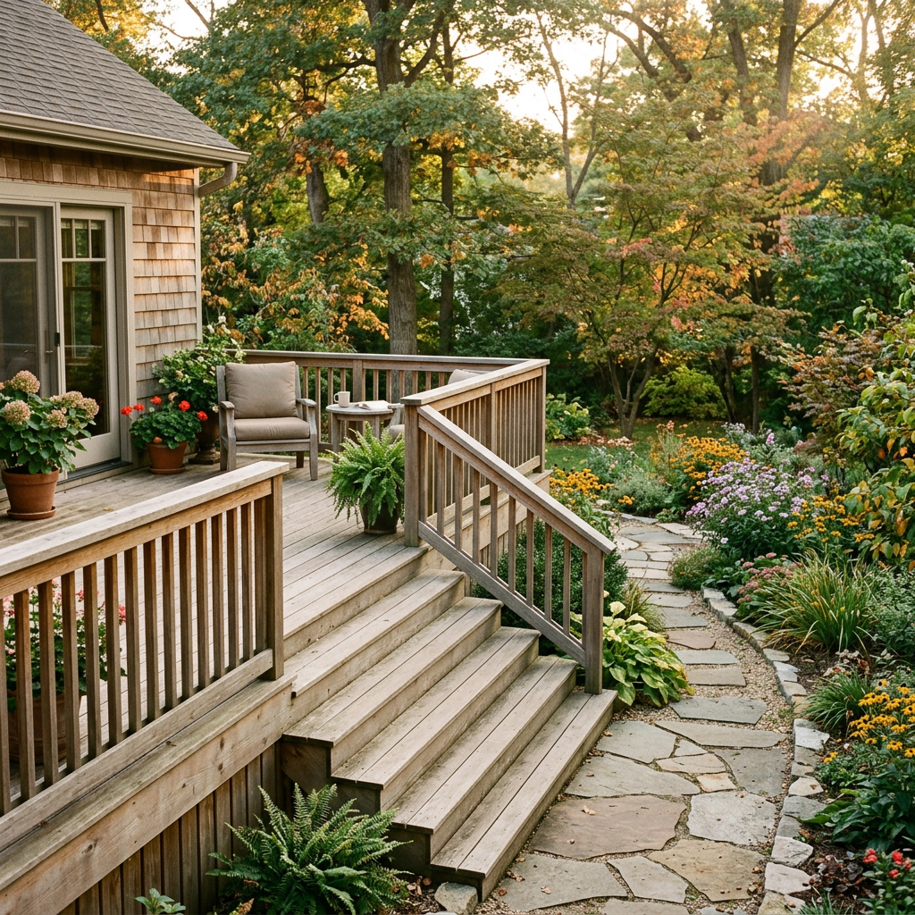 Wooden deck with chairs overlooking a flower-filled garden and woodland path
