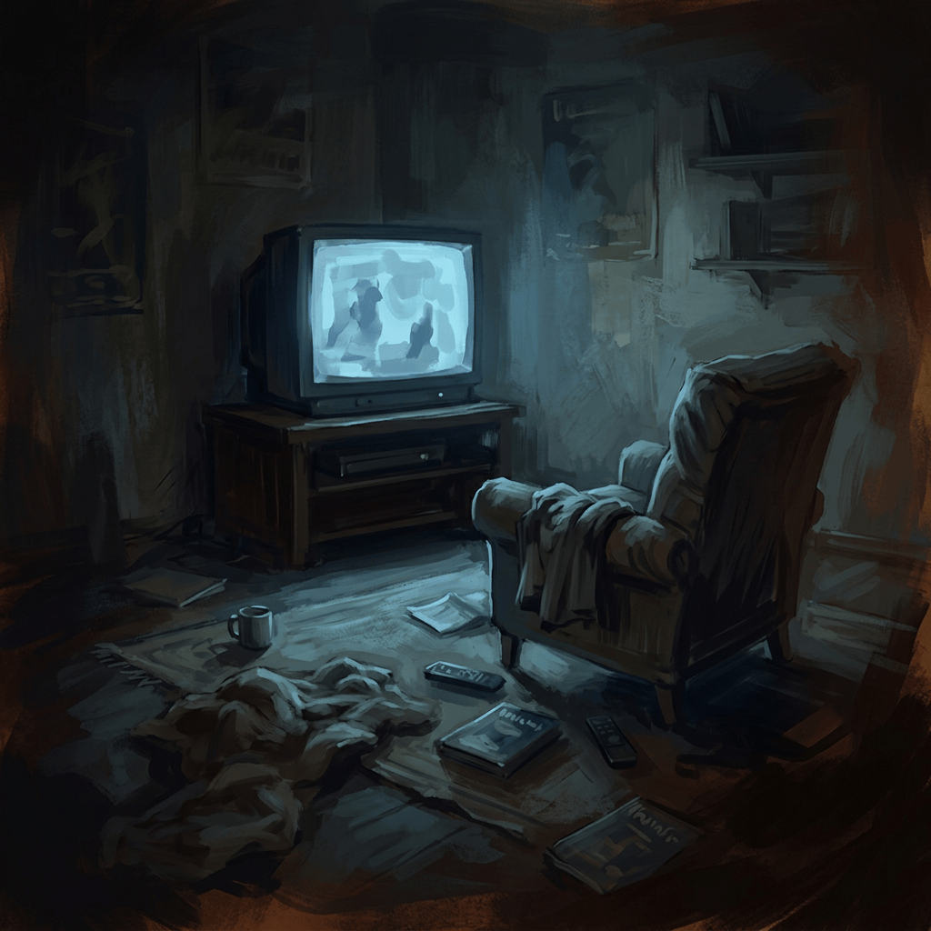 Dim living room with vintage television, armchair, blankets, books, and remote controls