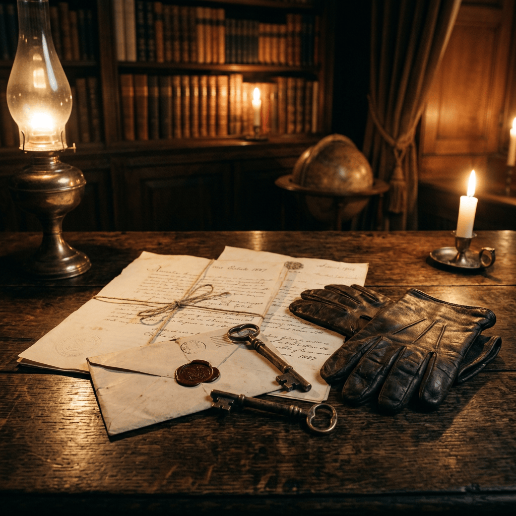 Brass key, envelope, gloves, and estate documents