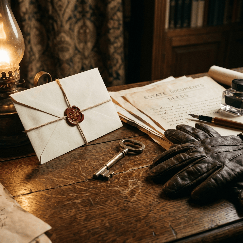 Brass key, envelope, gloves, and estate documents