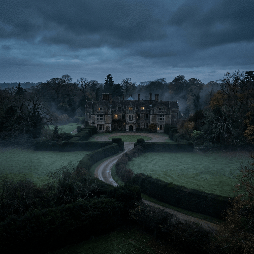English country estate at dusk