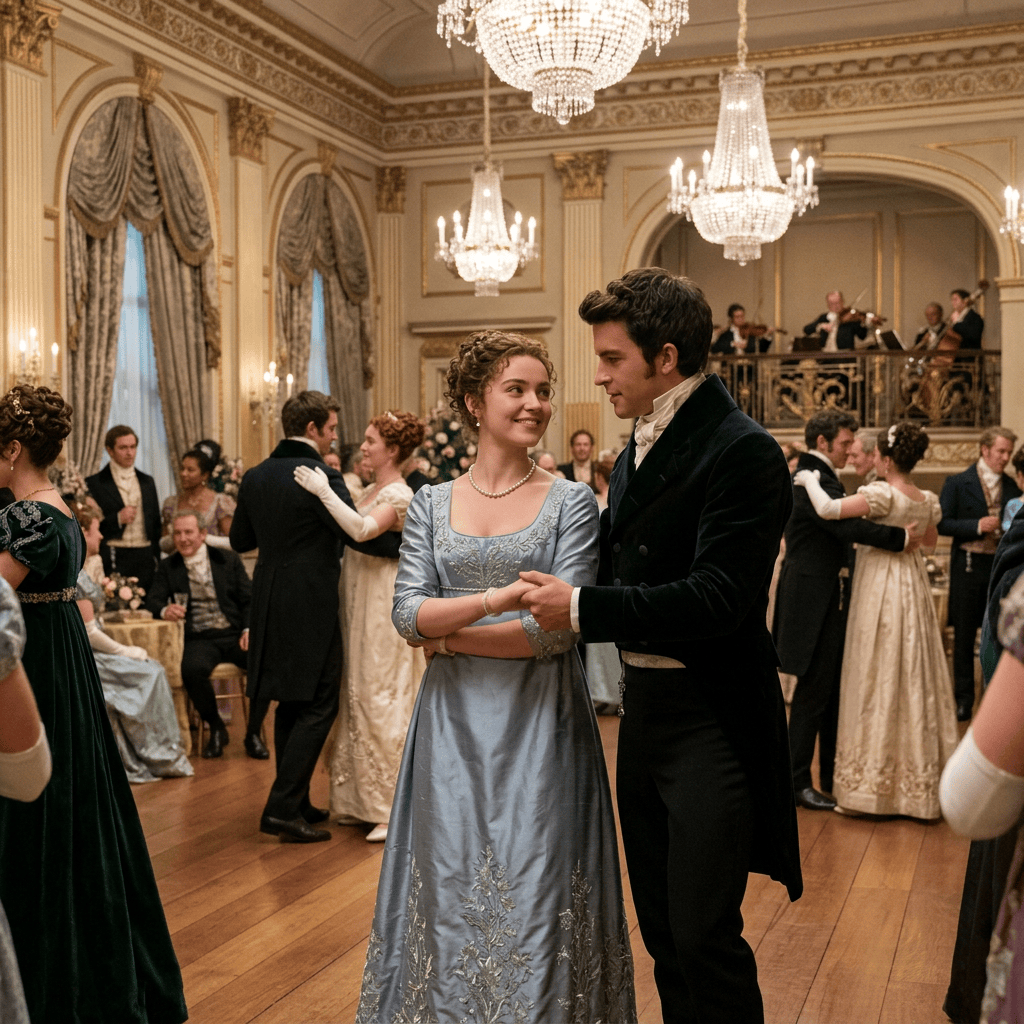 Young couple dancing at an ornate Regency-era ballroom gathering
