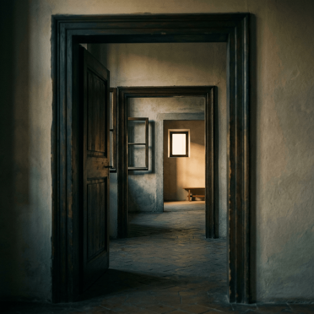 Open wooden door leading through several dimly lit rooms