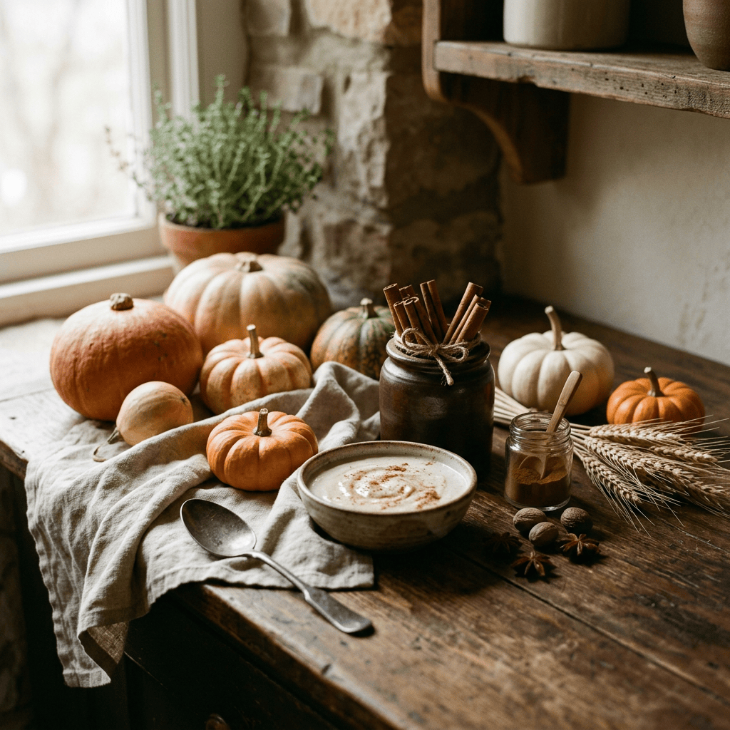 Autumn table with pumpkins, cinnamon, spices, wheat, and a latte
