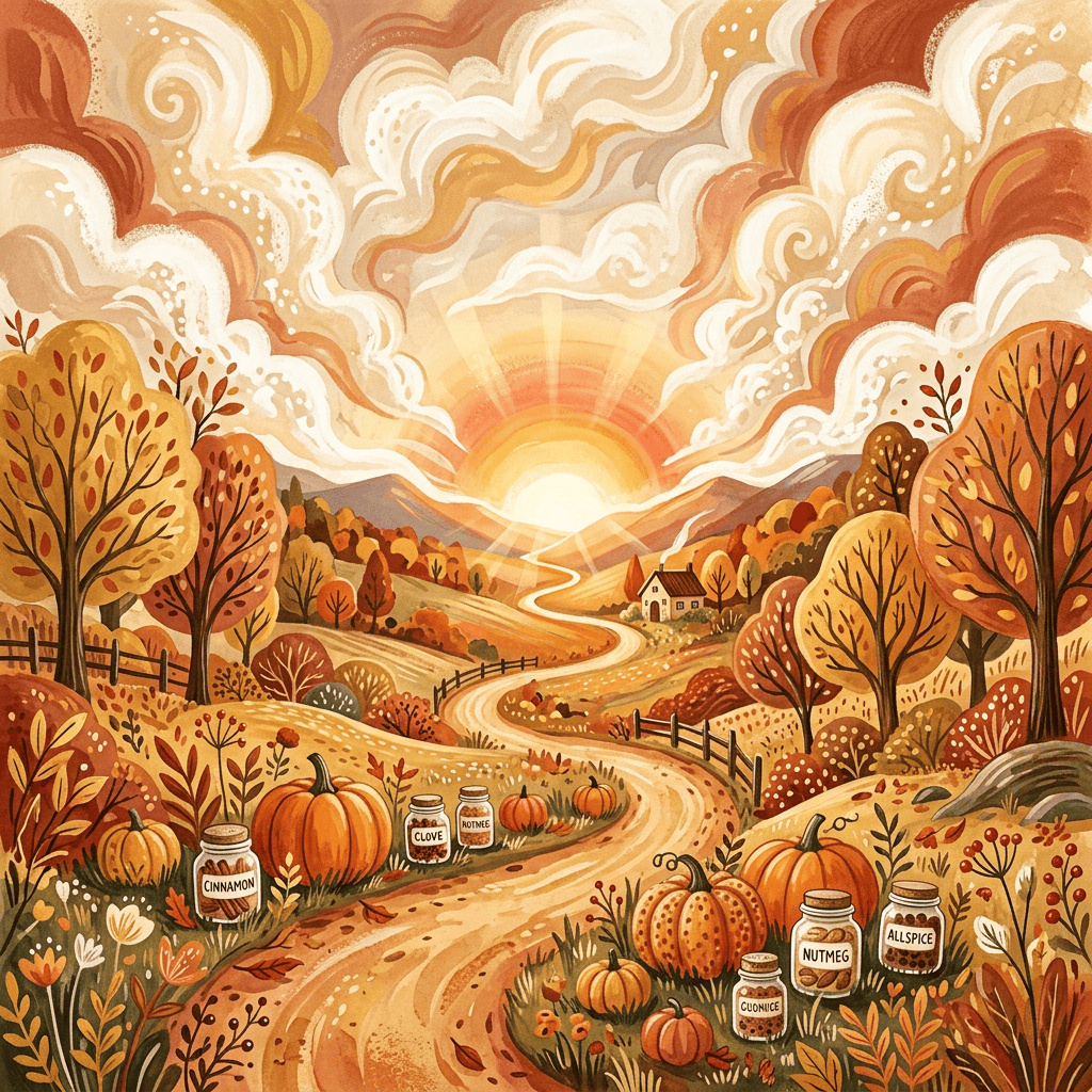 Autumn landscape with pumpkins, winding path, sunset, and labeled spice jars