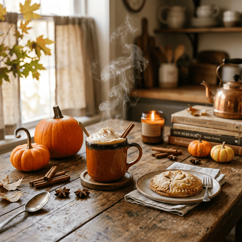 Steaming spiced coffee beside pumpkins, pie, candle, cinnamon, and books