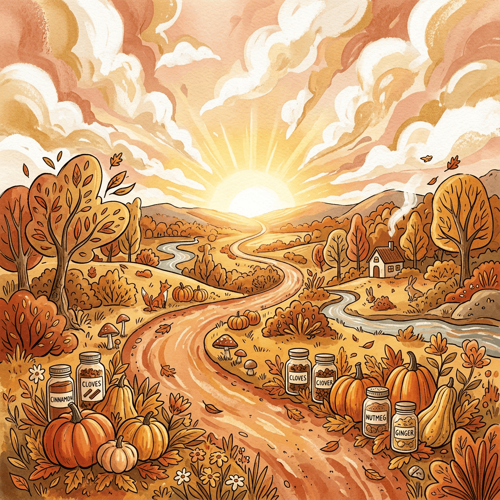Autumn valley with pumpkins, spice jars labeled CINNAMON, CLOVES, CLOVER, NUTMEG, and GINGER
