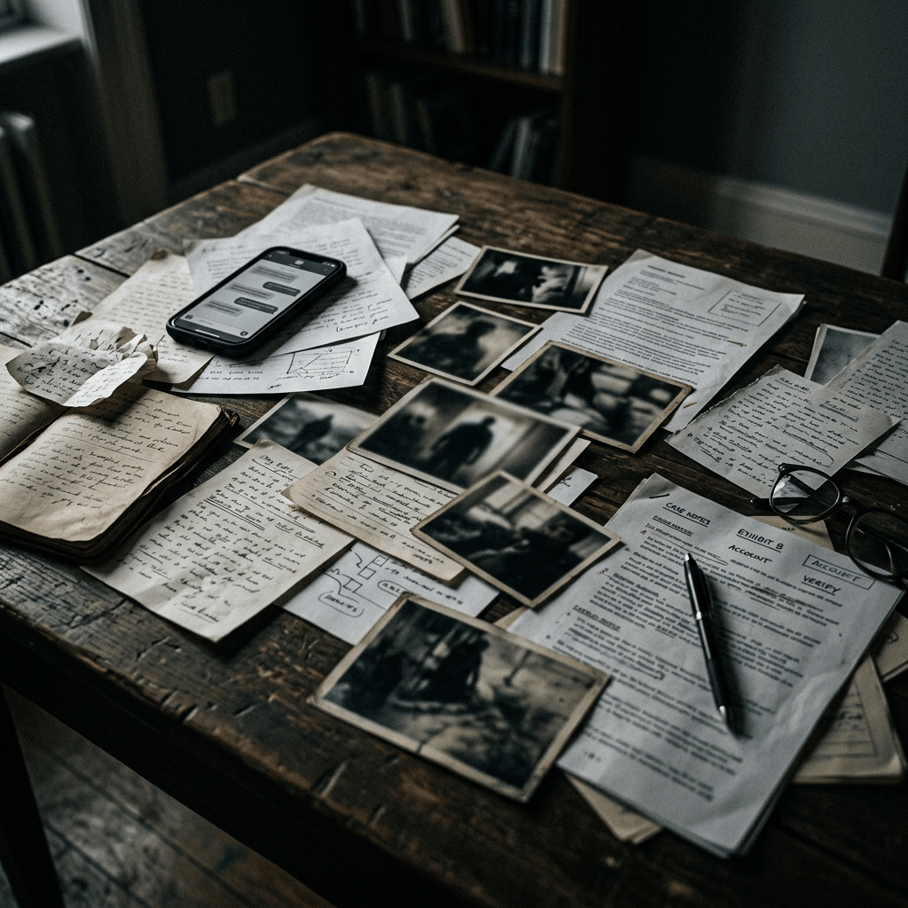 Wooden desk covered with handwritten notes, photographs, documents, glasses, pen, and smartphone