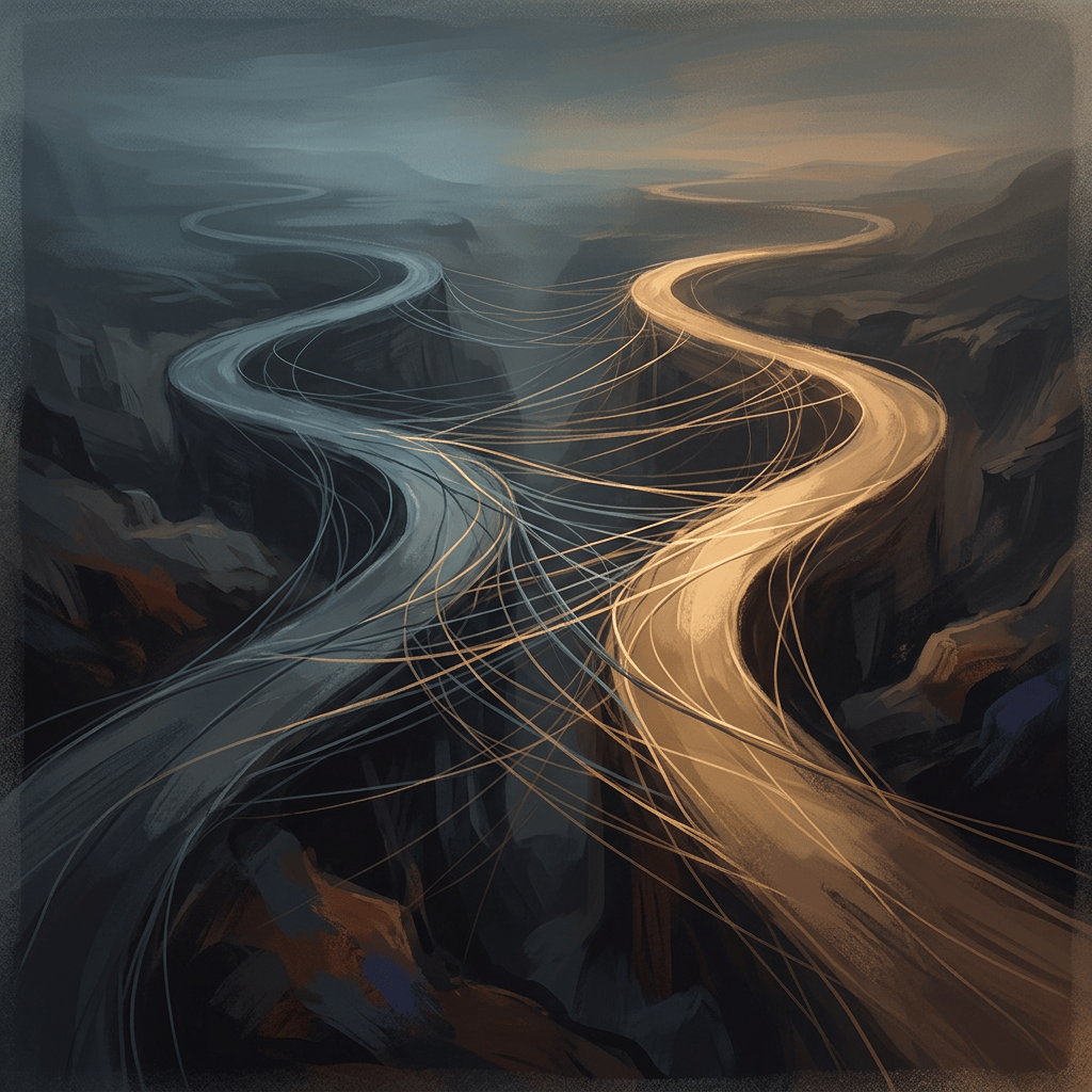 Abstract blue and gold paths winding through a dark canyon landscape