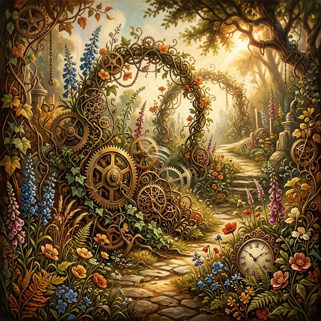 Steampunk garden path framed by flowers, vines, gears, and clocks