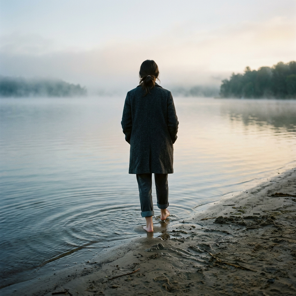 Person in a dark coat walking barefoot along a misty lakeshore