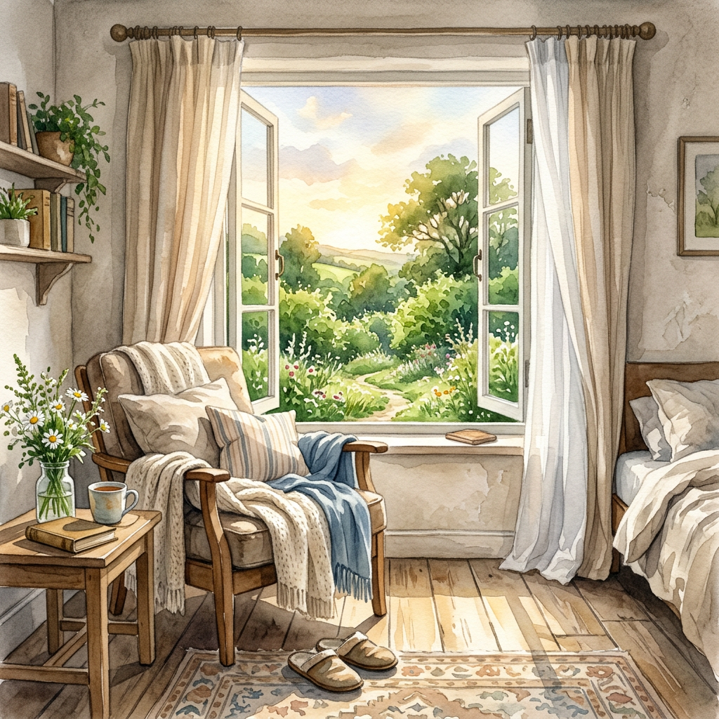 Cozy armchair beside open windows overlooking a lush flowering garden