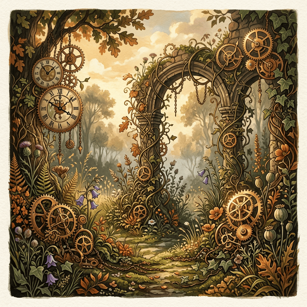 Enchanted forest arch with clocks, gears, vines, and a garden path