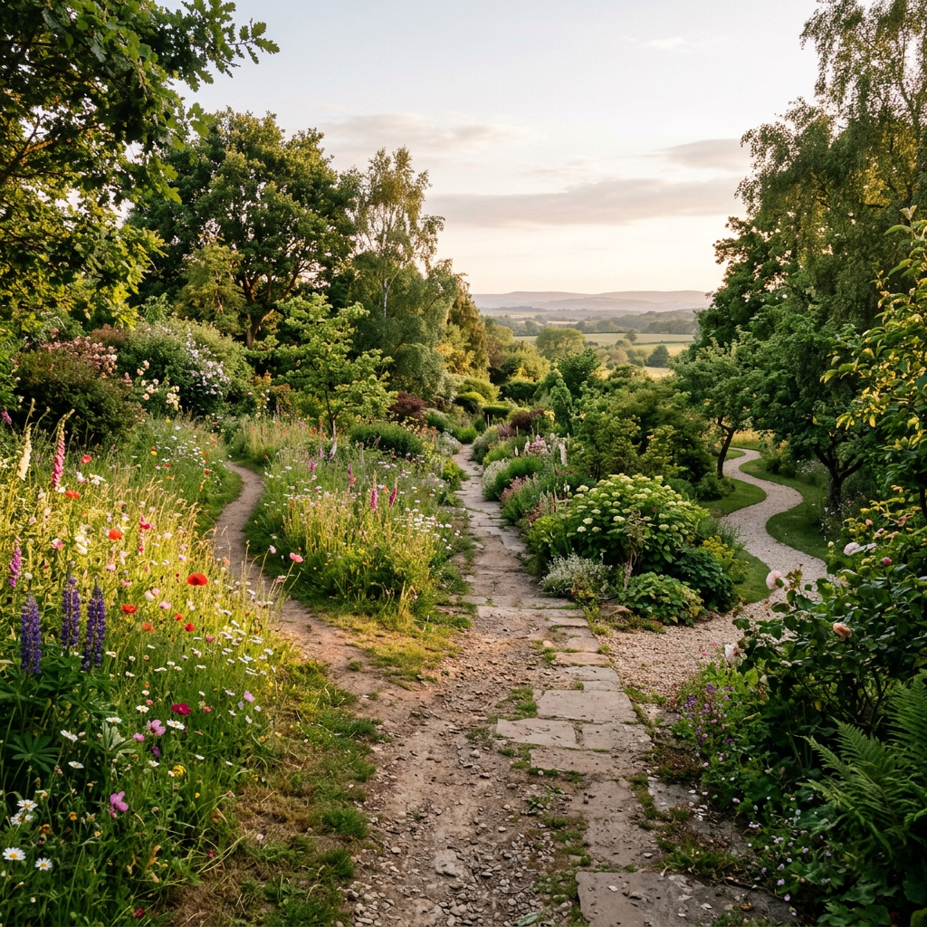 Flower-filled garden with winding paths overlooking rolling countryside