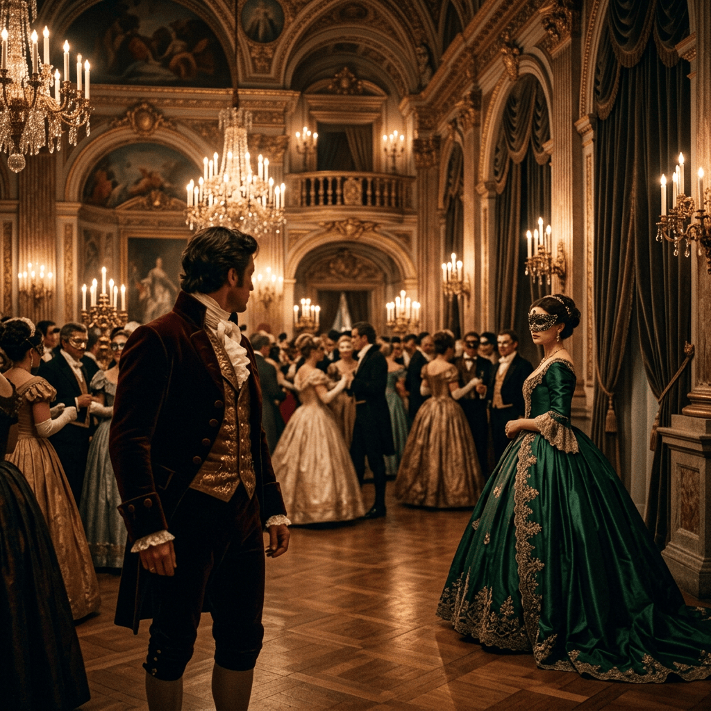 Masked woman in green gown facing a man at an ornate ballroom gathering